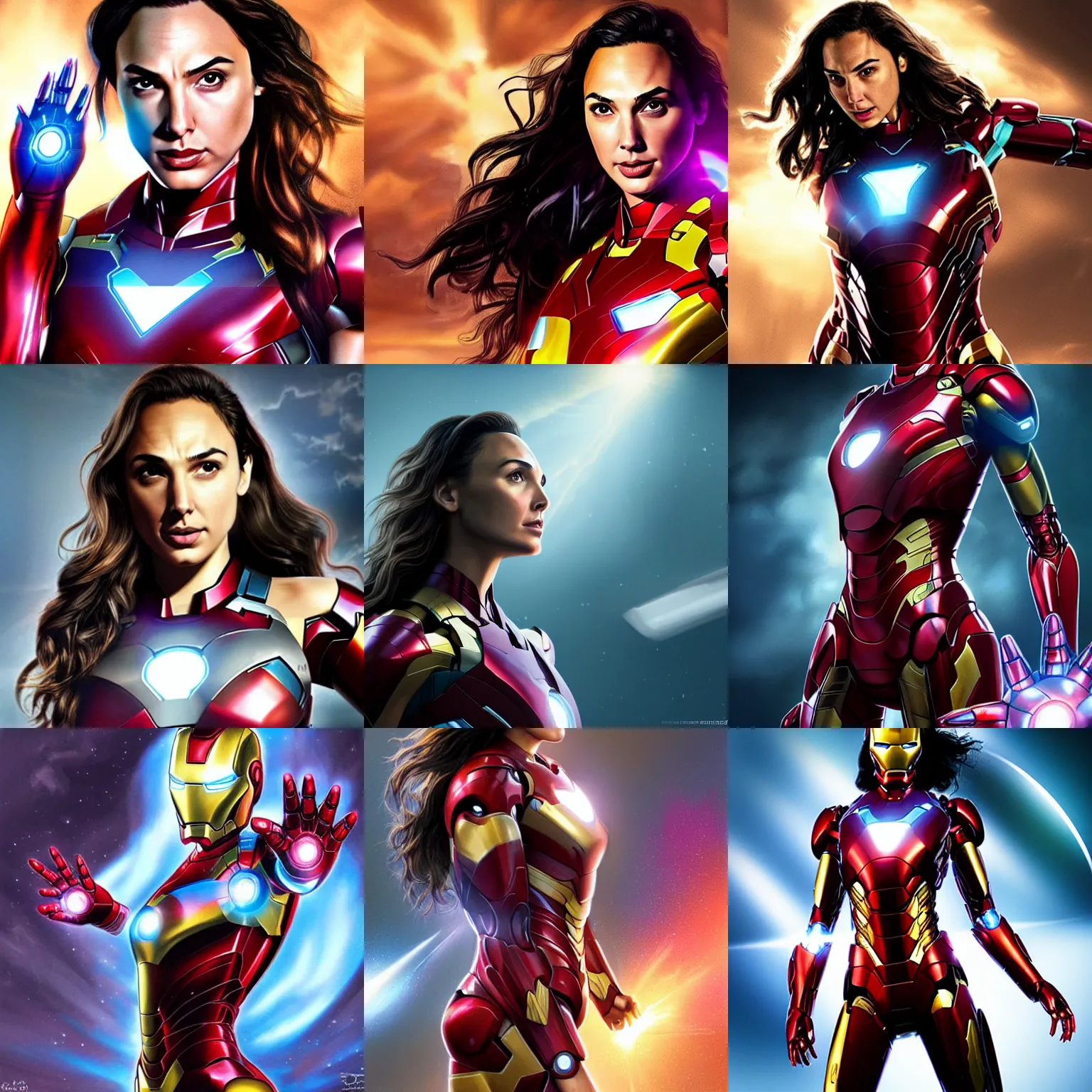 Prompt: photorealistic art of gal gadot as iron man, dynamic lighting, space atmosphere, hyperrealism, stunning visuals