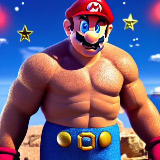 Image similar to super mario as dwayne johnson, highly detailed, extremely high quality, hd, 4 k, 8 k, canon 3 0 0 mm, professional photographer, 4 0 mp, lifelike, top - rated, award winning, realistic, detailed lighting, detailed shadows, sharp, no blur, edited, corrected, trending