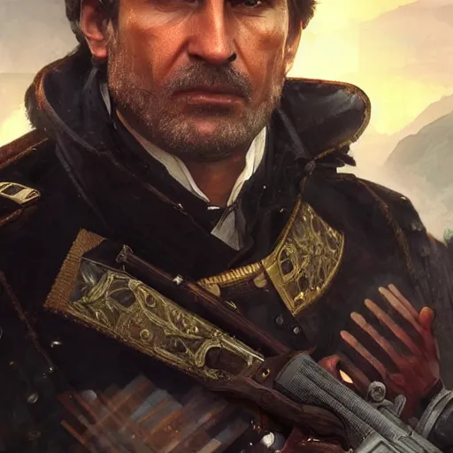 Image similar to Death of Vladimir Putin as General Sebastiano Di Ravello from Just Cause 2 game, portrait, highly detailed, digital painting, artstation, concept art, smooth, sharp focus, illustration, cinematic lighting, art by artgerm and greg rutkowski and alphonse mucha