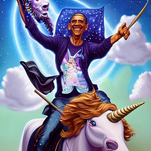 Image similar to portrait of obama riding an unicorn, pixar style, by tristan eaton stanley artgerm and tom bagshaw.