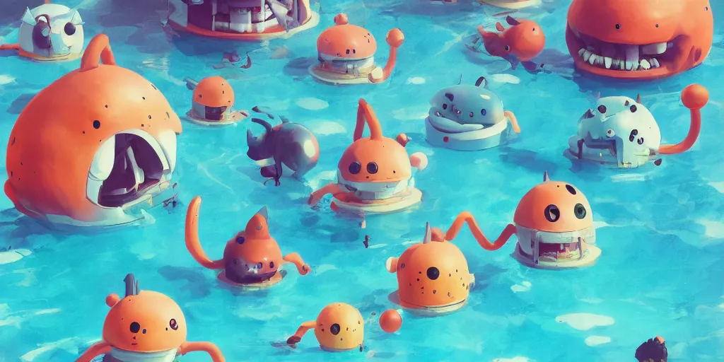 Image similar to cute anime monsters wearing floats at the swimming pool by Goro Fujita and Simon Stalenhag , 8k, trending on artstation, hyper detailed, cinematic