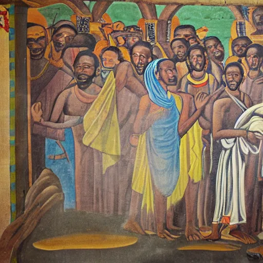 Image similar to a picture of an ancient Ethiopian church painting of the devil, wall mural