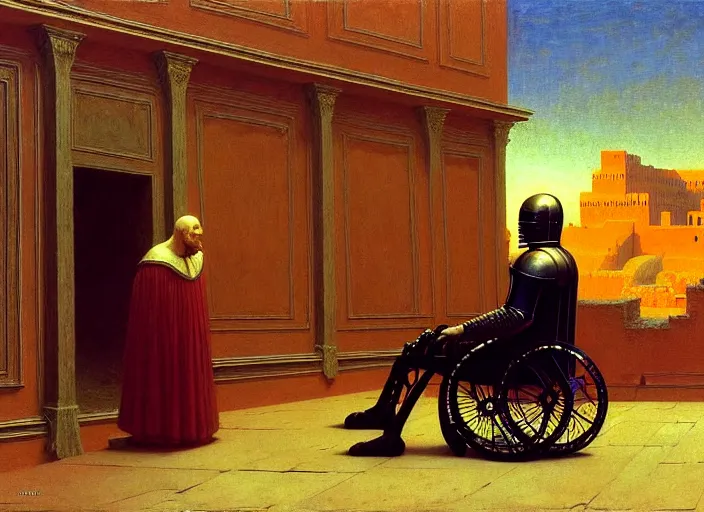 Image similar to knight in armor in a wheelchair do tricks & watch old tv, rome, highly detailed, soft lighting, elegant, by edward hopper and james gillard, zdislaw beksinski, stephen outram, andreas m wiese, carl spitzweg, highly detailed, masterpiece, unreal 6, 8 k