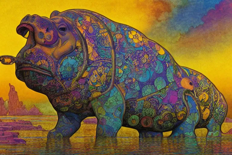 Image similar to beautiful mechanical hippopotamus by maxfield parrish, mandala, coherent design, symmetrical, vivid colors, digital watercolor ink illustration painting, complementary color, golden ratio, detailed, sharp lines, sharp focus, intricate, rainbowshift, artgerm, gustave dore, alphonse mucha, octane render