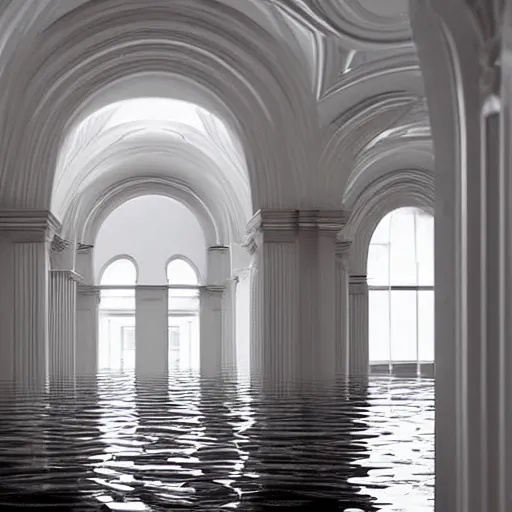 Prompt: a flooded room made of white ceramic tiles, rounded room, arched doorway, curved hallways, liminal space, surreal,