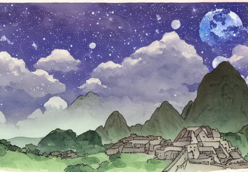 Image similar to a cell - shaded watercolor concept art from a studio ghibli film showing one giant grey ufo. in the background is machu pichu on a misty and starry night. by studio ghibli. very dull muted colors