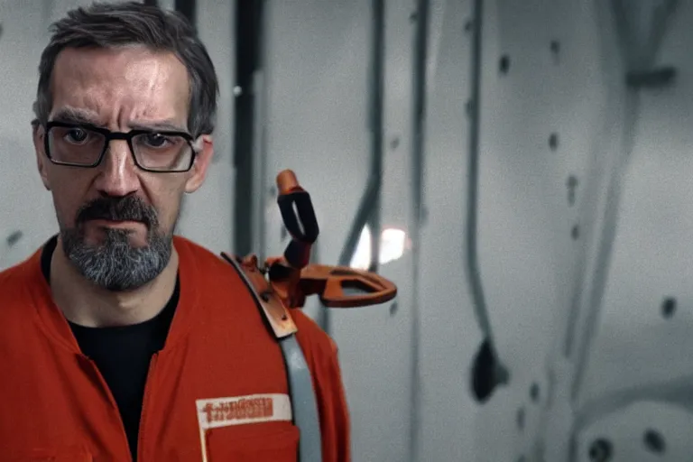 Image similar to vfx movie closeup real life gordon freeman holding wearing futuristic armor, half life logo on chest, crowbar in russian train yard by emmanuel lubezki