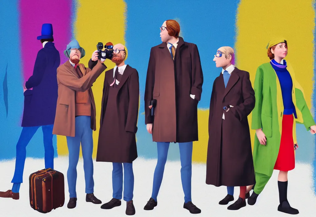 Image similar to full body portrait of a trio of european tourists long coat travel apparel, with nikon cameras, various poses shooting photos, character designs painting, in the style of wes anderson, rene magritte, lola dupre, david hockney, isolated on white background, dark monochrome neon spraypaint accents volumetric octane render