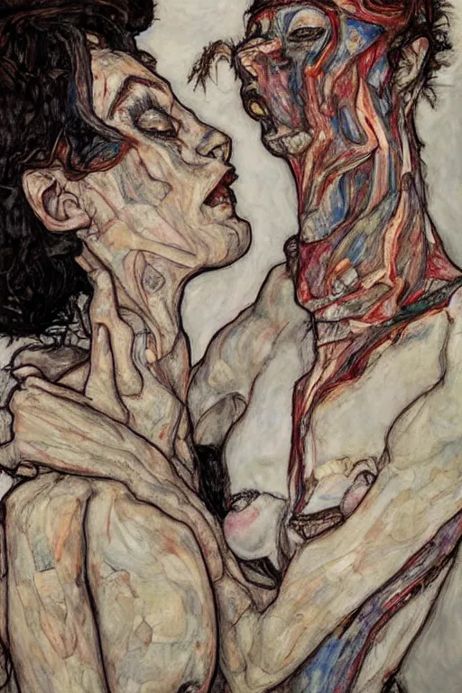 Prompt: two kissing characters in style of herakut and egon schiele, masterpiece, centered, hyperdetailed, complex, intricate, veiled, 4 k, trending on artstation,