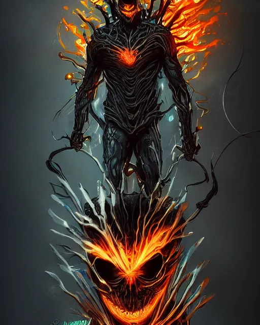 Image similar to ghost rider symbiote, dynamic lighting, fantasy concept art, trending on art station, stunning visuals, creative, cinematic, ultra detailed, comic strip style