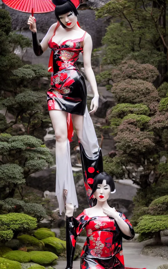 Image similar to a futuristic fetish geisha wearing a latex tomesode with traditional japanese pattern, heavy black okobo shoes, in a futuristic zen garden, 4 k