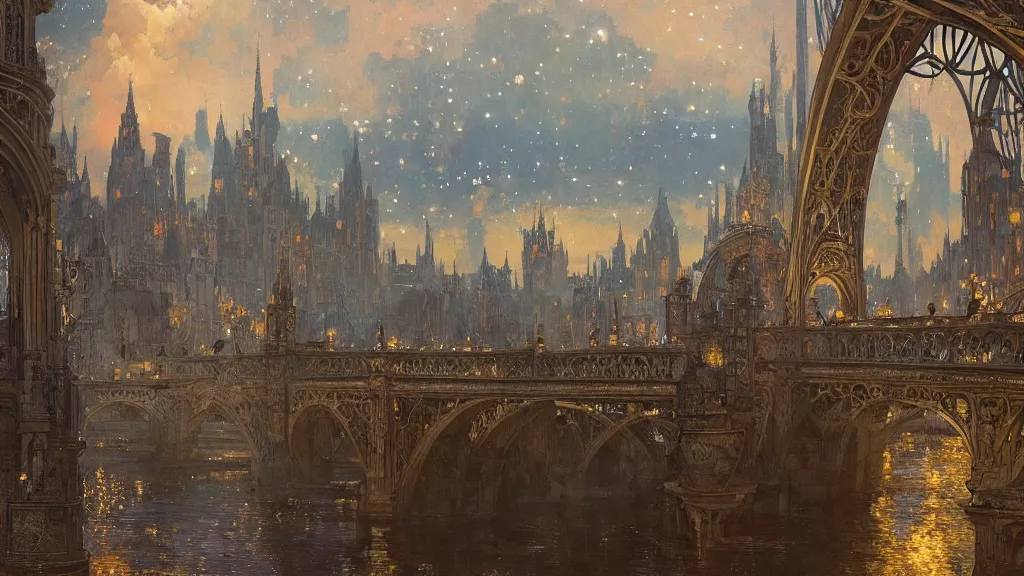 Image similar to a beautiful painting of the view from the river of a city of bridges and arches, with art nouveau architecture, at night with a sky full of stars, intricate, elegant, highly detailed, digital painting, artstation, concept art, by krenz cushart and artem demura and alphonse mucha