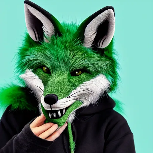 Prompt: close up of photorealistic green fox with green fur and magenta eyes, wearing a black hoodie, smoking weed