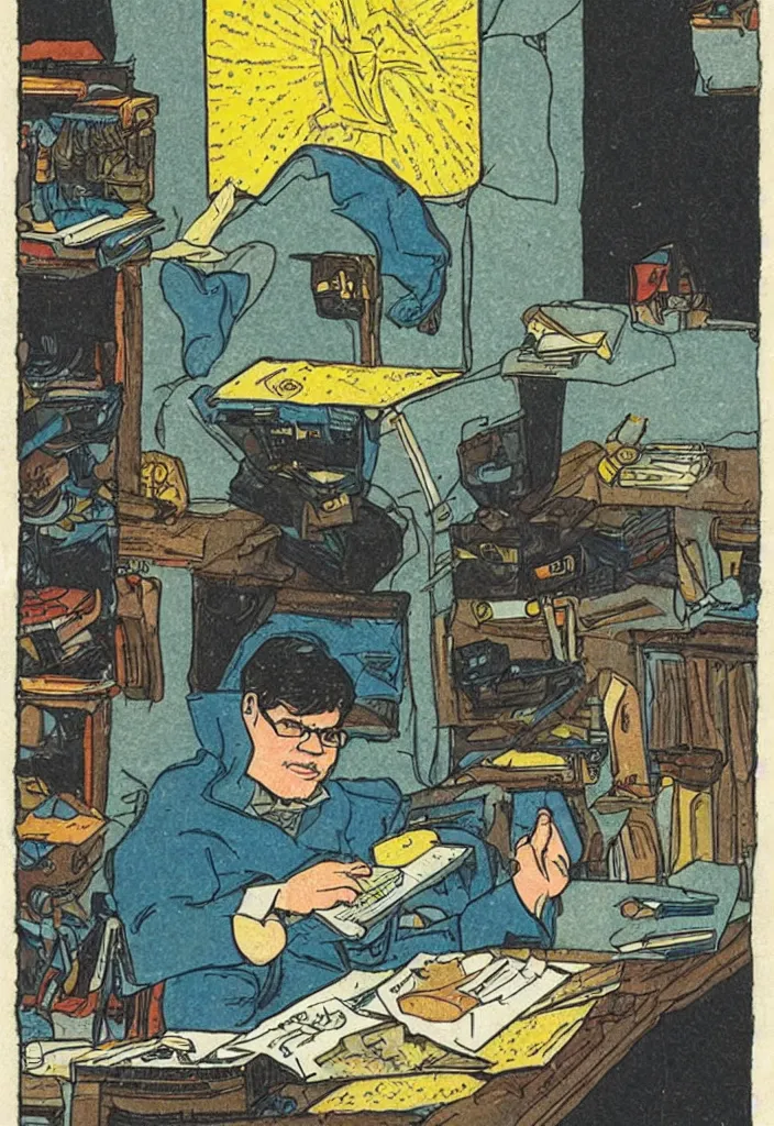 Prompt: Yann LeCun at his computer on a tarot card, illustrated on the Rider–Waite tarot.
