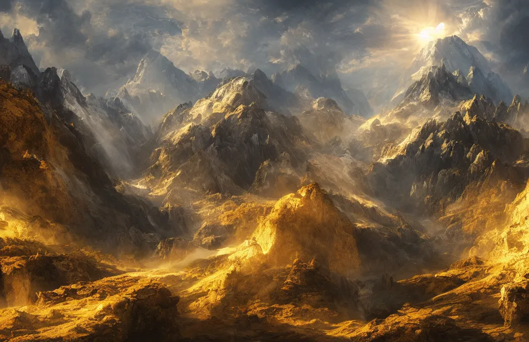 Image similar to a huge arc of a mountain far away in a hans - werner sahm inspired landscape, detailed dreamscape, hyperreal phantastic landscape, golden ratio, high aestehtic, waterfall cascades, cinematic light dramatic light, trending on artstation