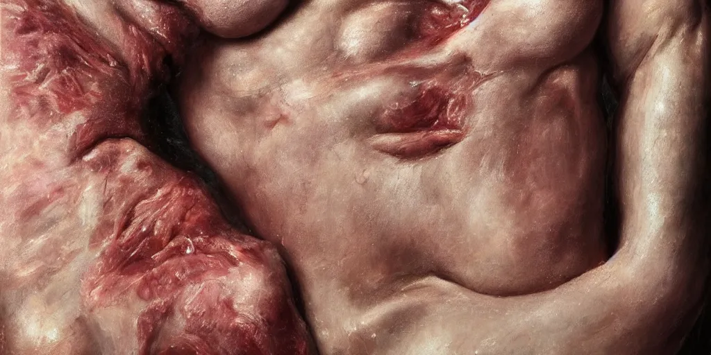 Prompt: details of flesh and skin, body hair, painitng, meat, pores and wrinkles and muscle tissues, oil on canvas, 4k, 8K, photorealistic, soft light, cinematic lighting, sharp, contrasting, illusion