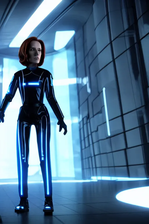 Image similar to dana scully in tron : legacy ( 2 0 1 0 ), cyberpunk aesthetic, glowing panel lines, octane render, nvidia, artstation trending, ultrasharp detail