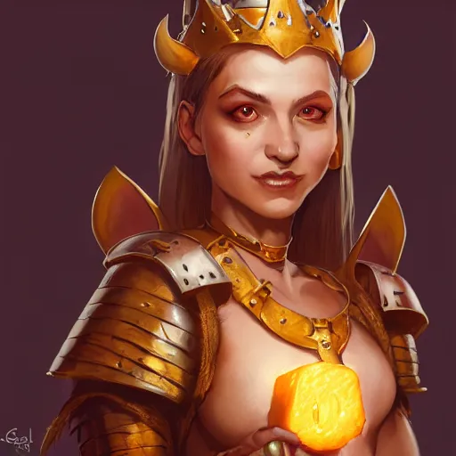 Prompt: rat princess with seductive smile, wears a chees armor, by greg rutkowski, design for magic the gathering, highly detailed, octane render, 4 k