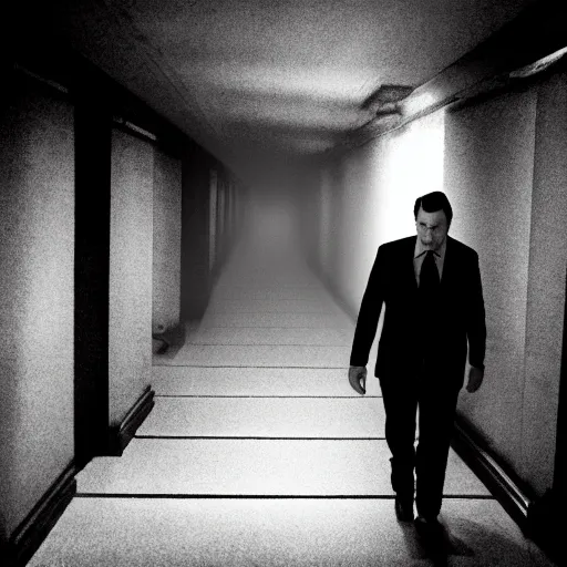 Prompt: Ted Cruz standing at the end of a long, narrow corridor, black and white, creepy lighting, foggy atmosphere, scary, horror, ornate, eerie, fear