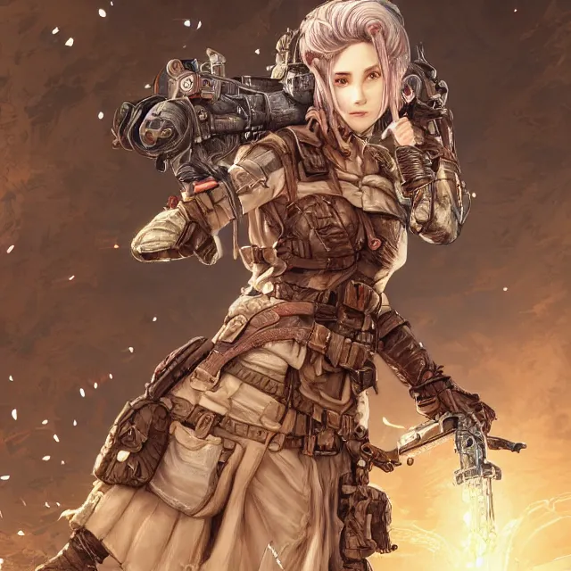 Image similar to the portrait of lawful neutral semi - colorful female infantry gunner as absurdly beautiful, gorgeous, elegant, young gravure idol, an ultrafine hyperdetailed illustration by kim jung gi, irakli nadar, intricate linework, bright colors, octopath traveler, final fantasy, unreal engine 5 highly rendered, global illumination, radiant light, detailed and intricate environment