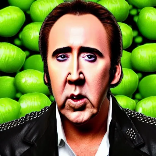 Prompt: nicolas cage trapped in a wicker cage with a mouth full of peas