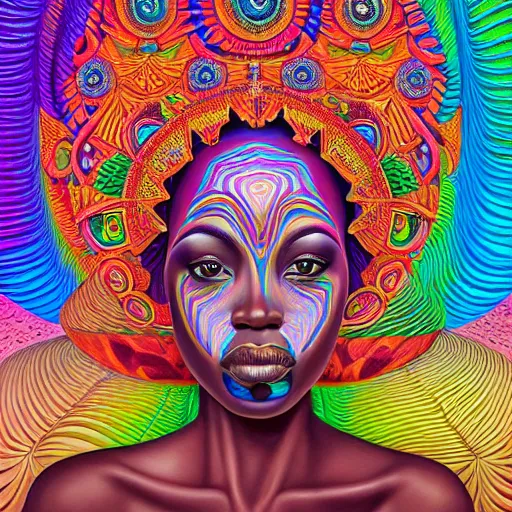 Image similar to a regal and heroic african queen with a colorful afro sitting in a cabana near a large steampunk pyramid near a pink river with a large glowing baobab tree, by amanda sage and alex grey and evgeni gordiets in a surreal psychedelic style, symmetrical, detailed eyes, oil on canvas 8k, hd