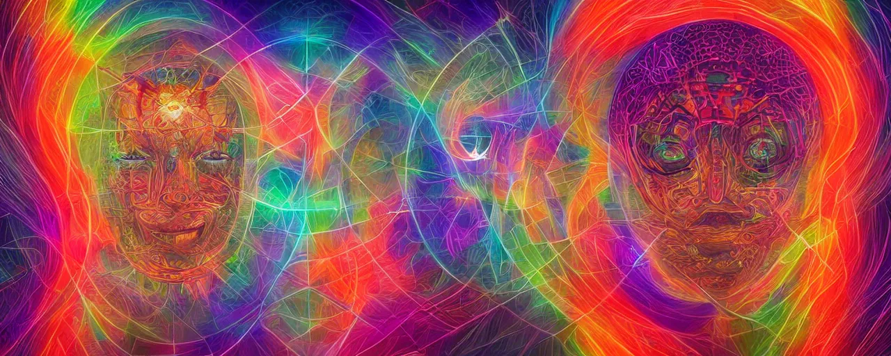 Image similar to transcendence into collaborative intelligence, endless collaboration with ai, connectedness, body, by alex grey, album cover, award winning, beautiful, colorful, volumetric lighting, trending on artstation, cinematic