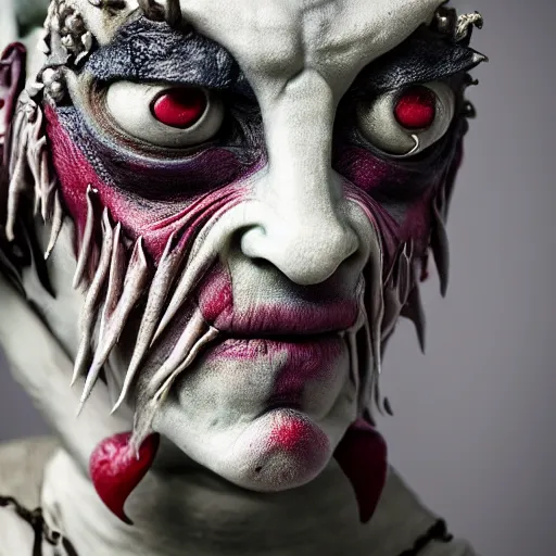 Image similar to a demon inspired by ceramics created by the make up artist hungry, photographed by andrew thomas huang, cinematic, expensive visual effects