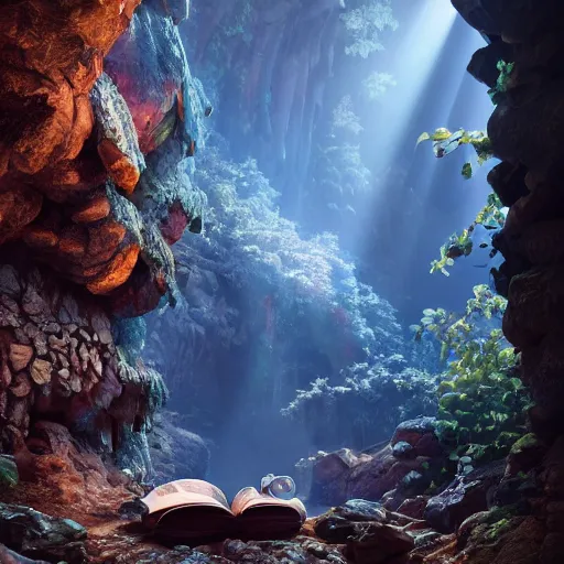 Image similar to books cave, 3 d render, incredible details, highly detailed, photorealistic, disney pixar, smooth, octane render, iridescent, 8 k