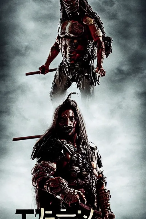 Image similar to movie poster for predator film shot in feudal japan staring hiroyuki sanada as a disgraced ronin, who hunts down the predator after he fails to protect his master from it