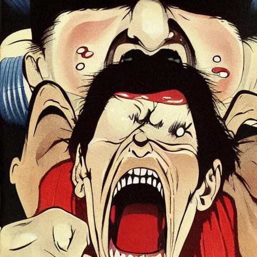 Image similar to mad man screaming, by yoichi hatakenaka