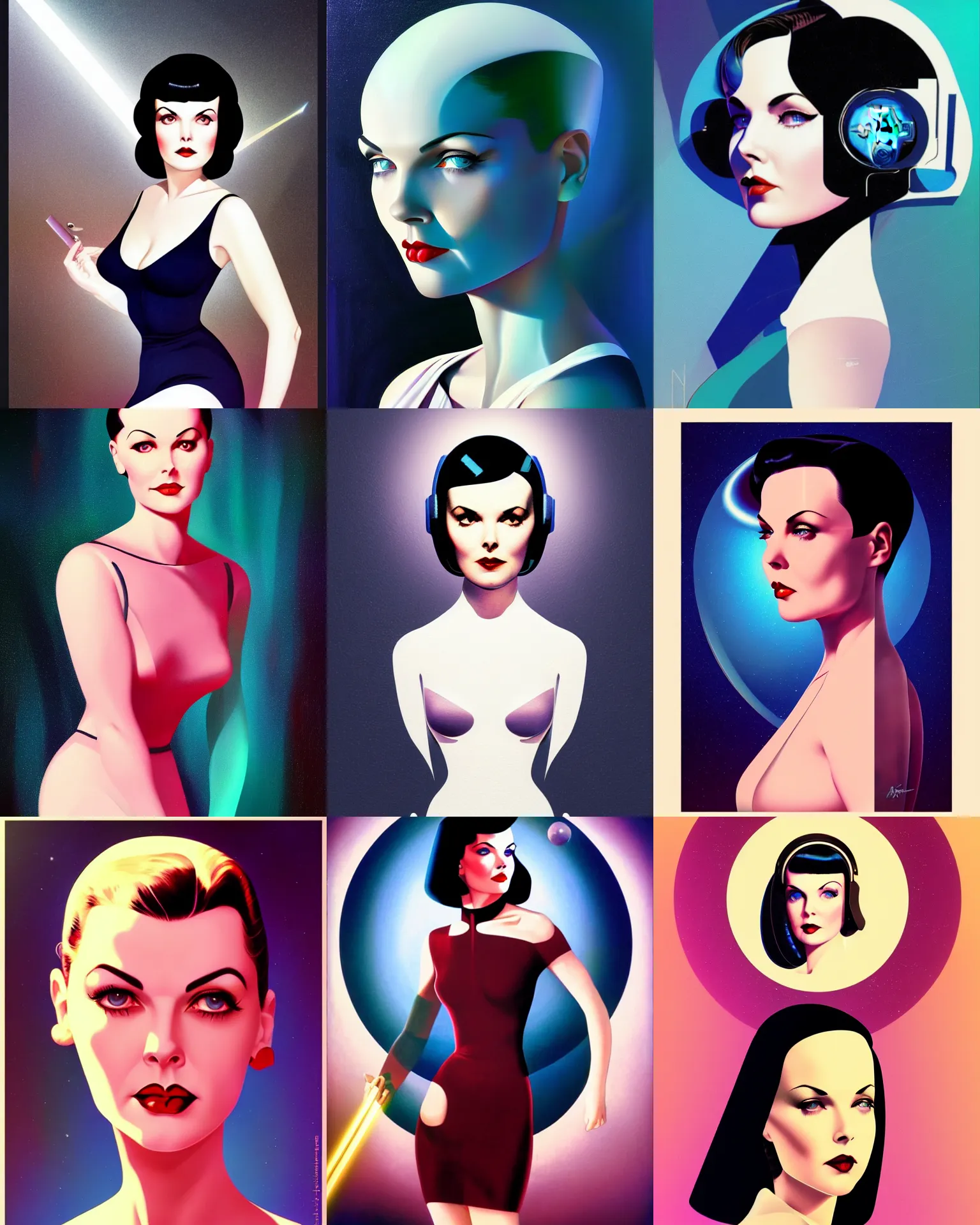 Prompt: sherilyn fenn fused with mary louise brooks 2 2 years old space woman, retro futurism, solaris, half portrait by stanley artgerm, dramatic lighting, ilya kuvshinov, trending on artstation, flat colour, geometric curves, gradient filter, pleasing tone colours