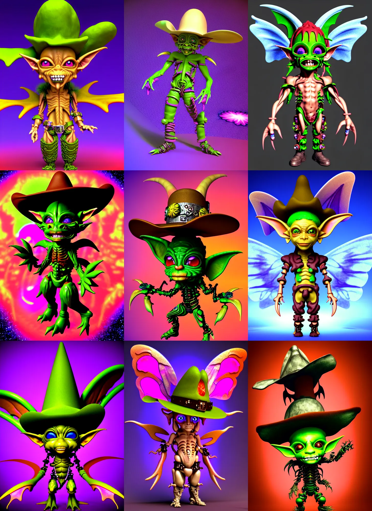 Prompt: 3d render of chibi cyborg goblin elf by Ichiro Tanida wearing a big cowboy hat and wearing angel wings against a psychedelic swirly background with 3d butterflies and 3d flowers n the style of 1990's CG graphics 3d rendered y2K aesthetic by Ichiro Tanida, 3DO magazine