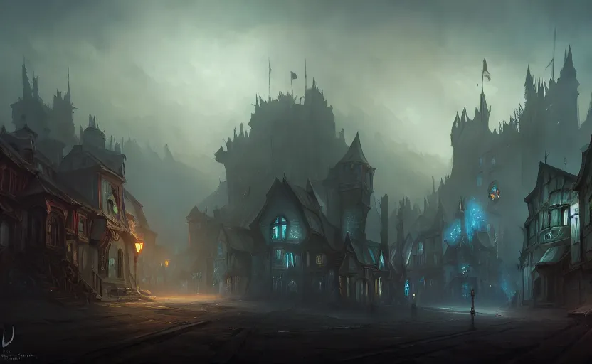 Prompt: extreme long shot concept art depicted old english majestic town, dramatic mood, overcast mood, dark fantasy environment, dieselpunk, art inspired by league of legends and arcane, style by jason engle and jordan grimmer, trending on artstation, unreal engine, golden ratio, spectacular composition