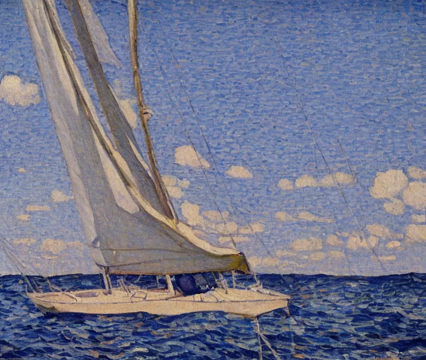 Prompt: a newly discovered van Rysselberghe painting of a single mast sailboat