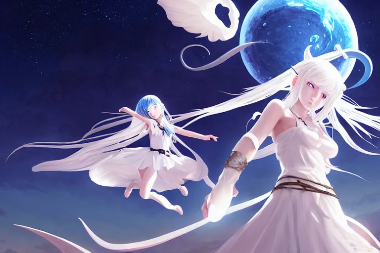 Image similar to white dressed summoner girl fighting against outer gods with their creatures. floating planets on the background, box office hit, fantasy and cosmic horror movie, unreal engine, intricate, highly detailed 8 k, ambient occlusion, extremely beautiful and aesthetic shape of face and body, art by hiroaki samura and ilya kuvshinov and rossdraws