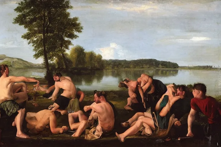 Image similar to mid - thirties guys binge drinking in front of a lake, in the style of skovgaard