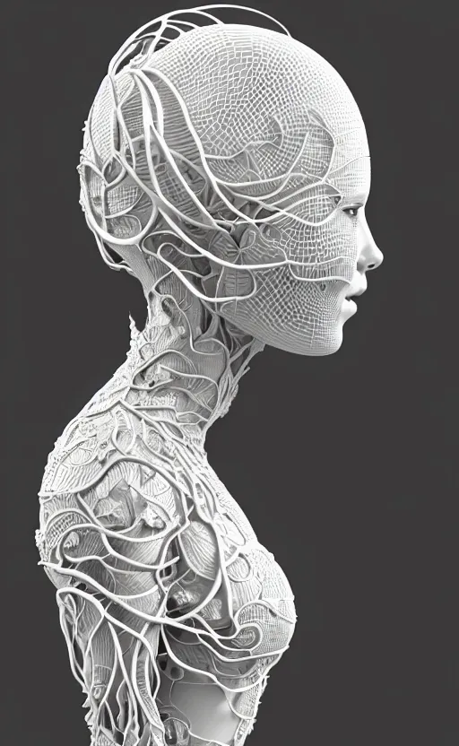 Image similar to complex 3d render of a beautiful porcelain profile woman face, vegetal dragon cyborg, 150 mm, beautiful natural soft light, rim light, silver details, magnolia leaves and stems, roots, fine lace, maze like, mandelbot fractal, anatomical, facial muscles, cable wires, microchip, elegant, highly detailed, white metallic armour, octane render, black and white, H.R. Giger style