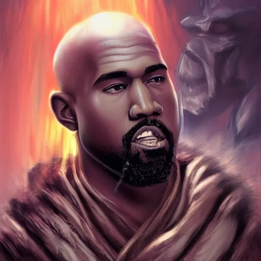 Image similar to cute Kanye West in God of War cover art, ultra wide lens shot , tiny, small, rage, short, cute and adorable, scary, brutal, pretty, beautiful, DnD character art portrait, matte fantasy painting, DeviantArt Artstation, by Jason Felix by Steve Argyle by Tyler Jacobson by Peter Mohrbacher, cinematic lighting