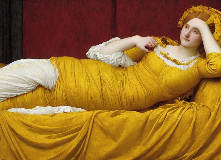 Image similar to portrait of lady reclining on bed, wearing yellow ochre ornate medieval dress, preraphaelite colour photography by frederic leighton, william morris, 8 k