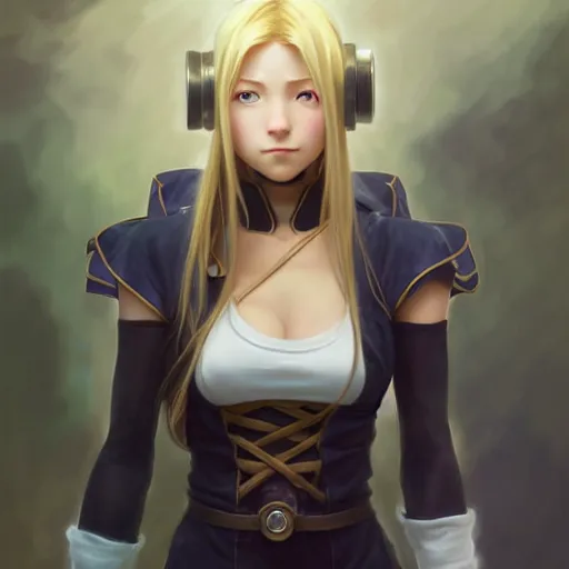 Image similar to Winry Rockbell from Fullmetal Alchemist, fantasy, intricate, elegant, highly detailed, digital painting, artstation, concept art, matte, sharp focus, illustration, art by Artgerm and Greg Rutkowski and Alphonse Mucha