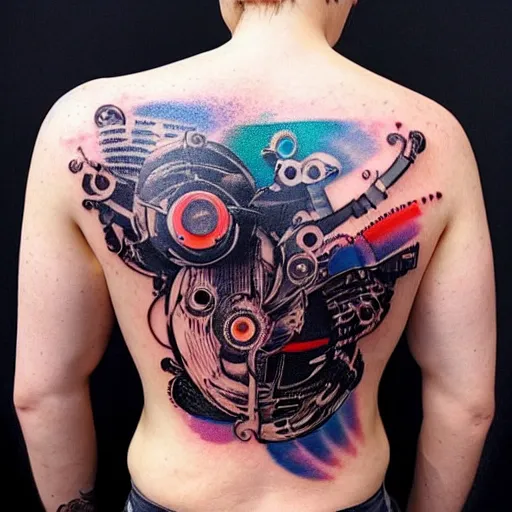 Prompt: backside on the shoulders is a tattoo of a 3 d hole in the skin with multicolored 3 d robotic mechanics and glowing computerparts inside under the skin, insanely integrate,