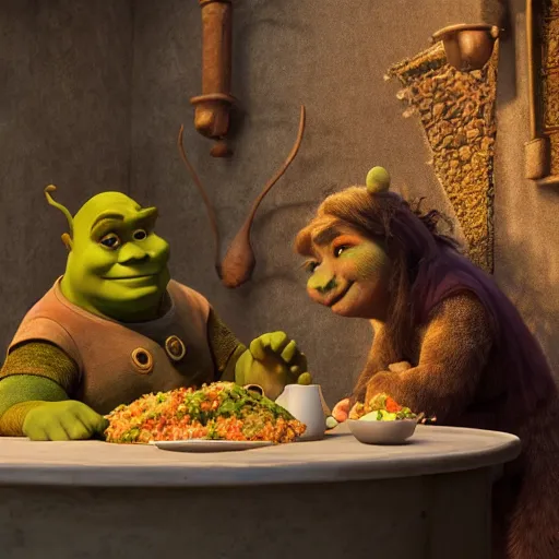 Image similar to shrek eats couscous with his family, moroccan festival, masterpiece, highly detailed, high quality, 4 k, anatomically correct, hyperrealistic, concept art, octane render, unreal engine 5, trending on artstation, trending on deviantart, matte, historical painting, fantasy style, path traced, high coherence, soft lighting, digital painting, mythical