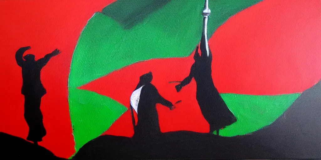 Prompt: dramatic oil painting of freedom for palestine, red green white black