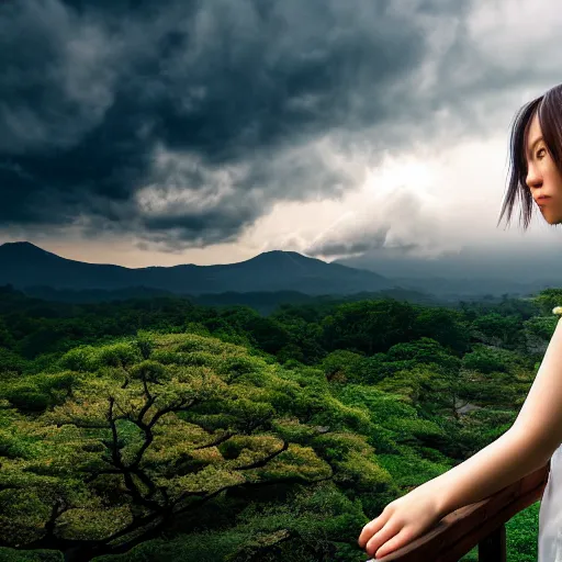 Image similar to a beautiful photograph of a girl with japan landscape in the background with trees, hdr, 8 k, high quality, sharp focus, artstation, highly detailed, award - winning, dramatic lighting, beautiful clouds, and nature