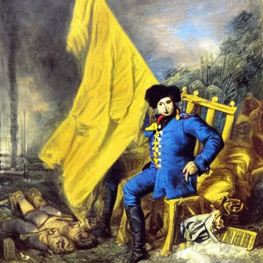 Prompt: Volodymyr Zelensky at war, dressed like Napoleon Bonaparte, sitting on the ground between dead corpses and weeping, holding a half burnt blue and yellow flag of Ukraine, sharp focus, in the style of Peter Paul Rubens