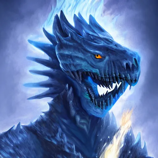 Image similar to a blue dragonborn with half of his face flaming with blue flame standing in a big cave, digital art