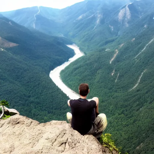 Image similar to man sitting on top peak mountain cliff looking at tsunami