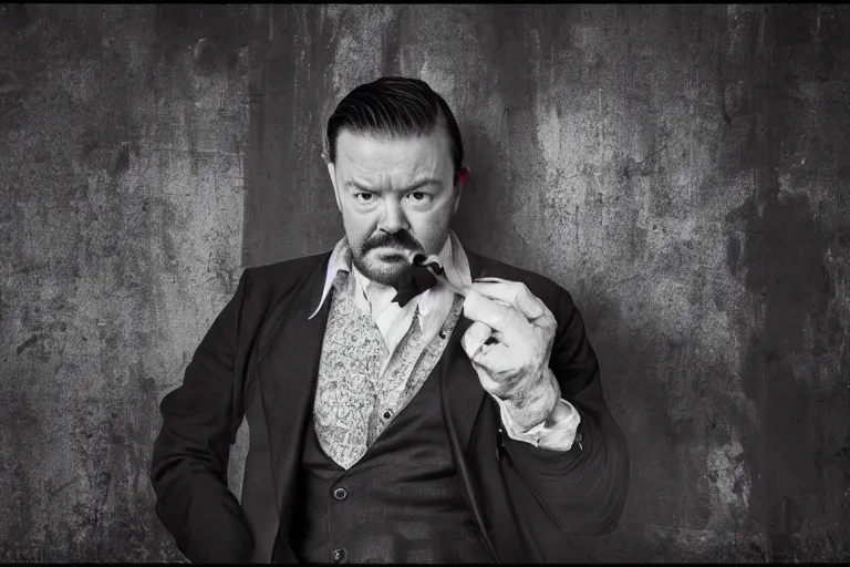 Prompt: an 8 5 mm portrait of ricky gervais as a 1 7 0 0's gangster by gustave baumann, lomography lady grey, ultra realistic, beautiful lighting, dramatic, noise, aron demetz, film