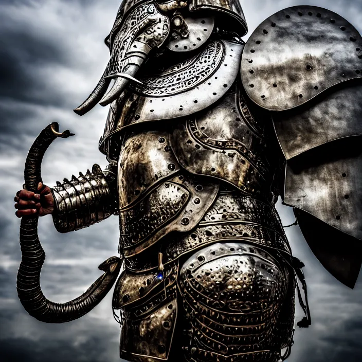 Image similar to photo of a warrior with metal elephant themed armour, highly detailed, 4 k, hdr, smooth, sharp focus, high resolution, award - winning photo